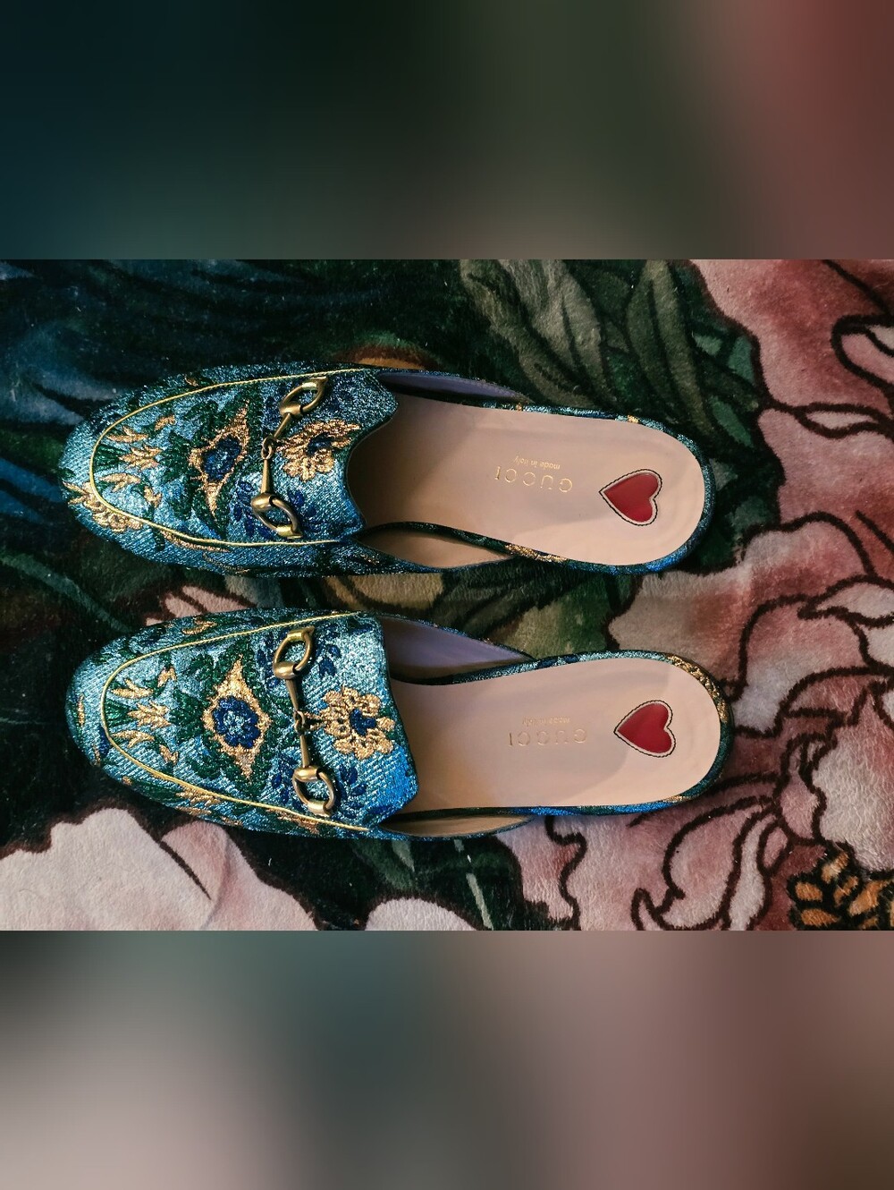 Gucci Teal Blue Embroidered Horsebit Mules with Gold Accents